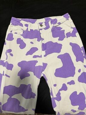 SHEIN White & Purple Wide Leg Pants - Cow Print